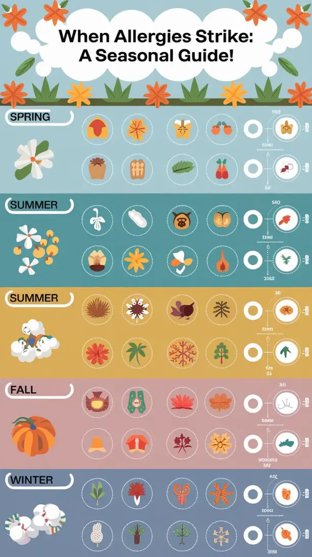 A visually appealing infographic showing which allergens are prevalent in different seasons spring, summer, fall, winter
