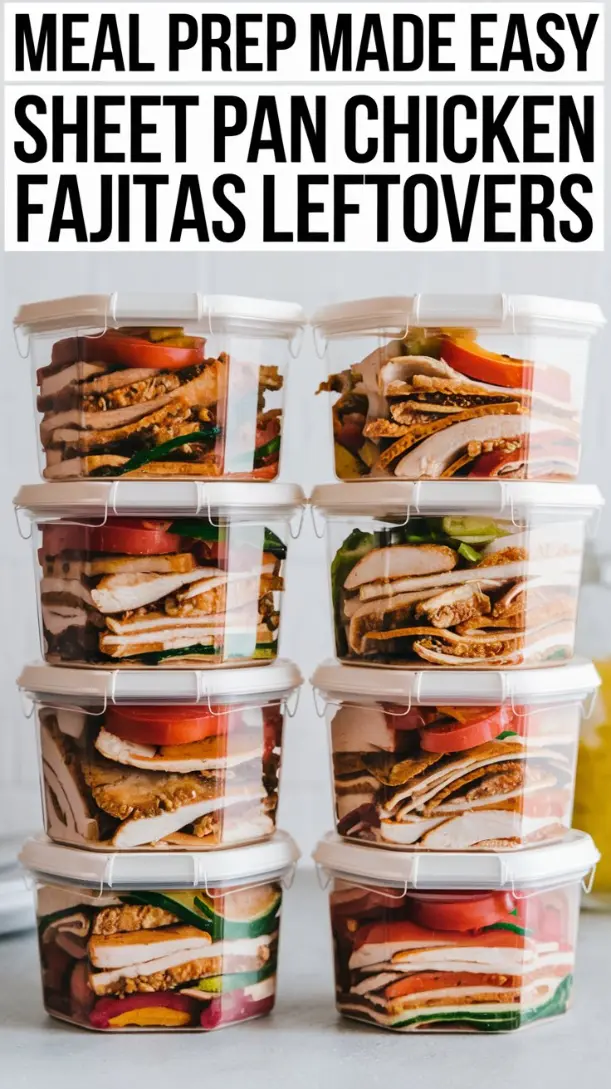 Airtight containers filled with fajita leftovers, neatly stacked.