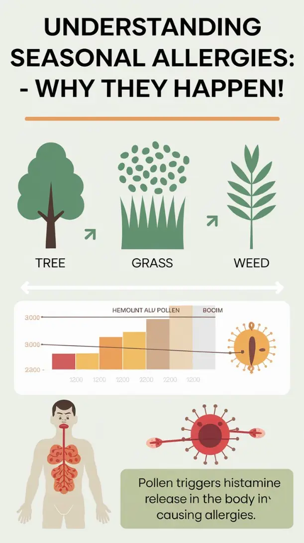 An infographic illustrating different pollen types (tree, grass, weed) and how they trigger histamine release in the body