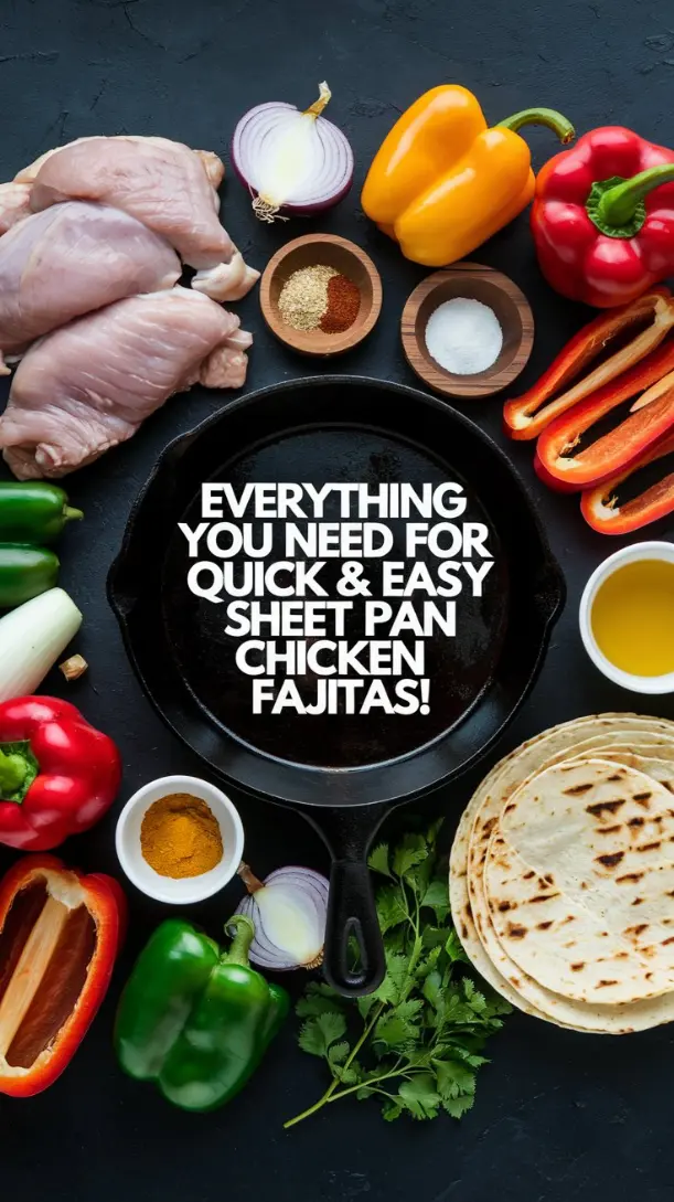 all fajita ingredients (chicken, bell peppers, onions, seasonings, olive oil) on a dark background.