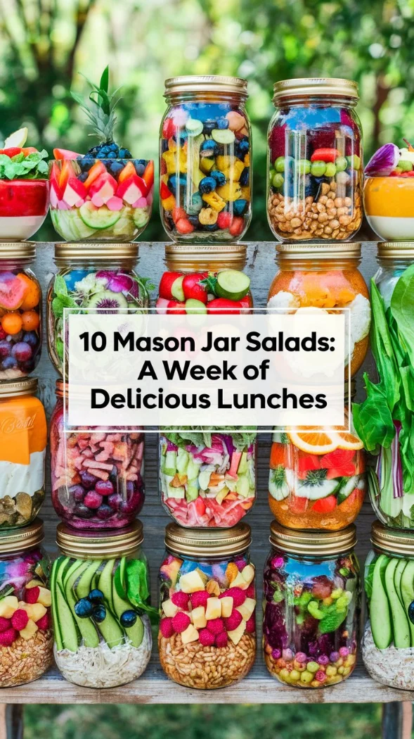 colorful spread with all 10 Mason Jar Salads