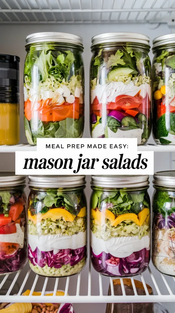 image of a refrigerator shelf with four Mason Jar Salads neatly arranged.