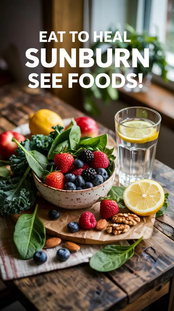 A vibrant picture of antioxidant-rich foods like berries, leafy greens, nuts, and a glass of water.