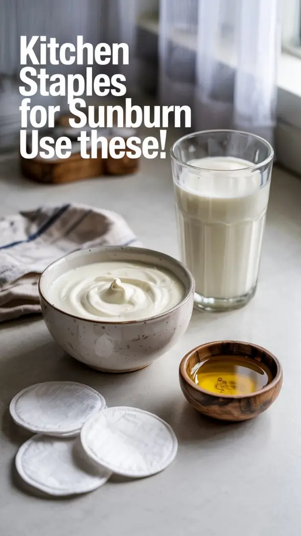 A bowl of plain yogurt or a glass of milk with cotton pads nearby, and separately, a small bowl of coconut oil.