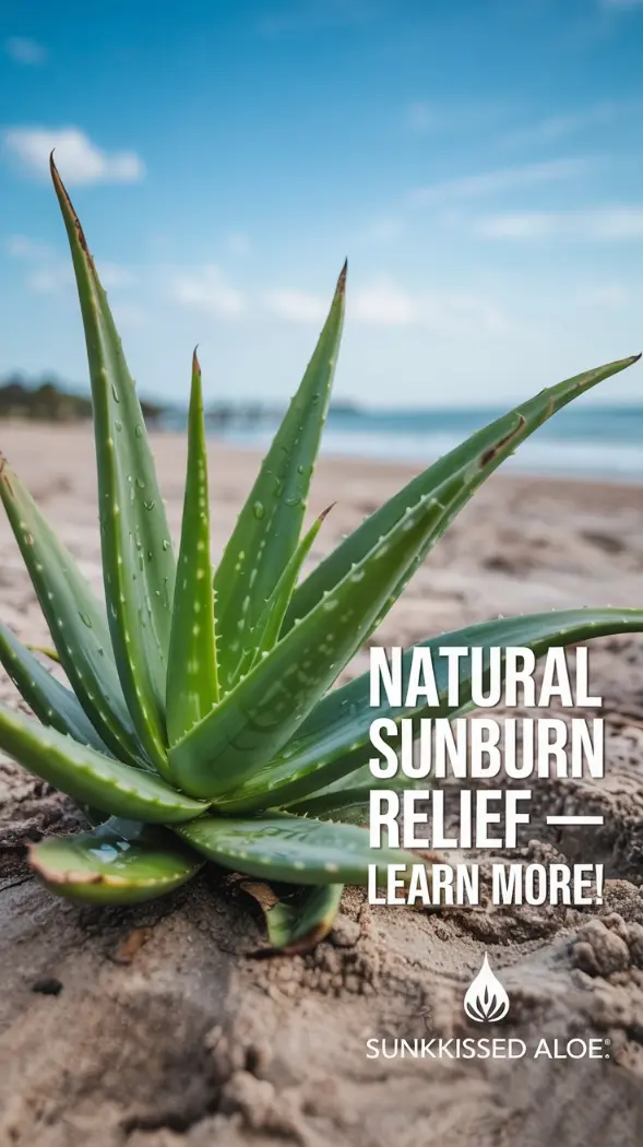 A visually appealing, perhaps slightly abstract image representing soothing relief or natural ingredients like aloe vera leaves with water droplets. Bold Text Overlay Suggestion: Natural Sunburn Relief - Learn More!