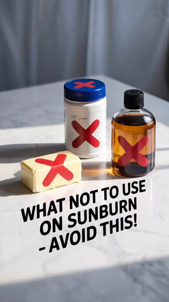 An image with a clear "X" over items like a stick of butter, a jar of petroleum jelly, and a bottle containing alcohol.
